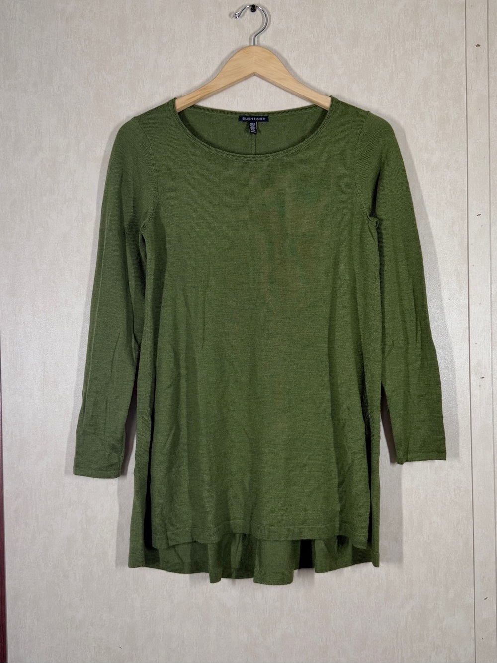 Eileen Fisher Women’s 100% Merino Wool Jersey Scoop Neck Tunic Sweater Green XS